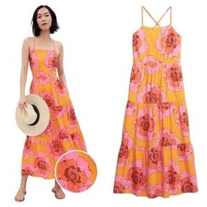 GAP Maxi Sundress Womens XS Orange Pink Large Floral Tiered Tie Back Long